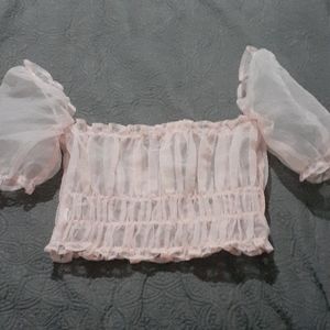 Sheer pink crop top with puffy sleeves